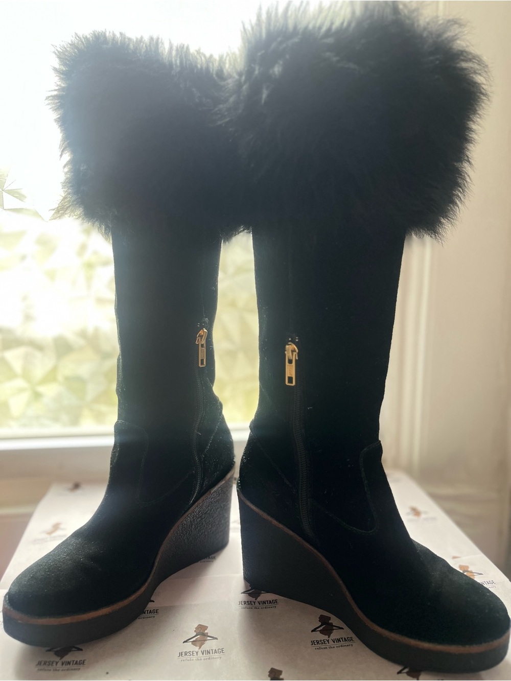 UGG Black Suede Wedge Boots with Faux Fur Cuff - Picture 2 of 7